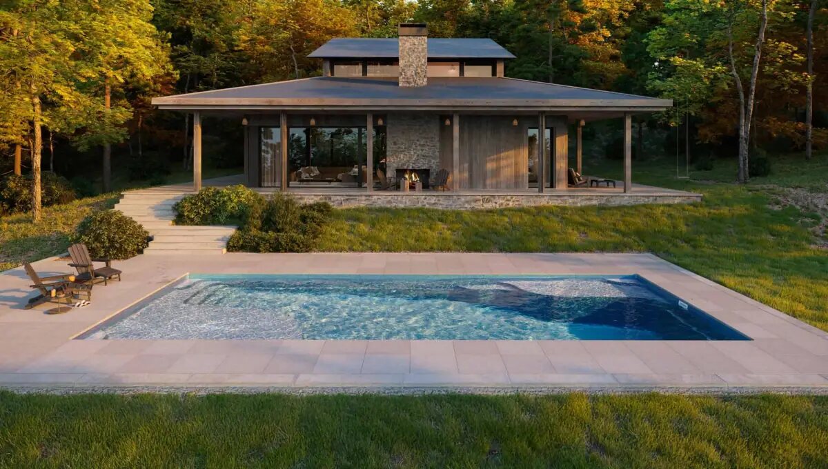 Latham Ariel 16 fiberglass pool, lifestyle photo courtesy of Latham